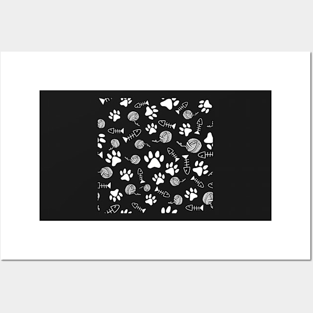 Cat Paw Print, Fish Bones, Ball of Yarn Pattern - White on Black Version Wall Art by SubtleSplit